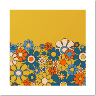 Retro Garden Flower Cuff Groovy Vintage Floral Mustard Yellow Blue Orange Posters and Art